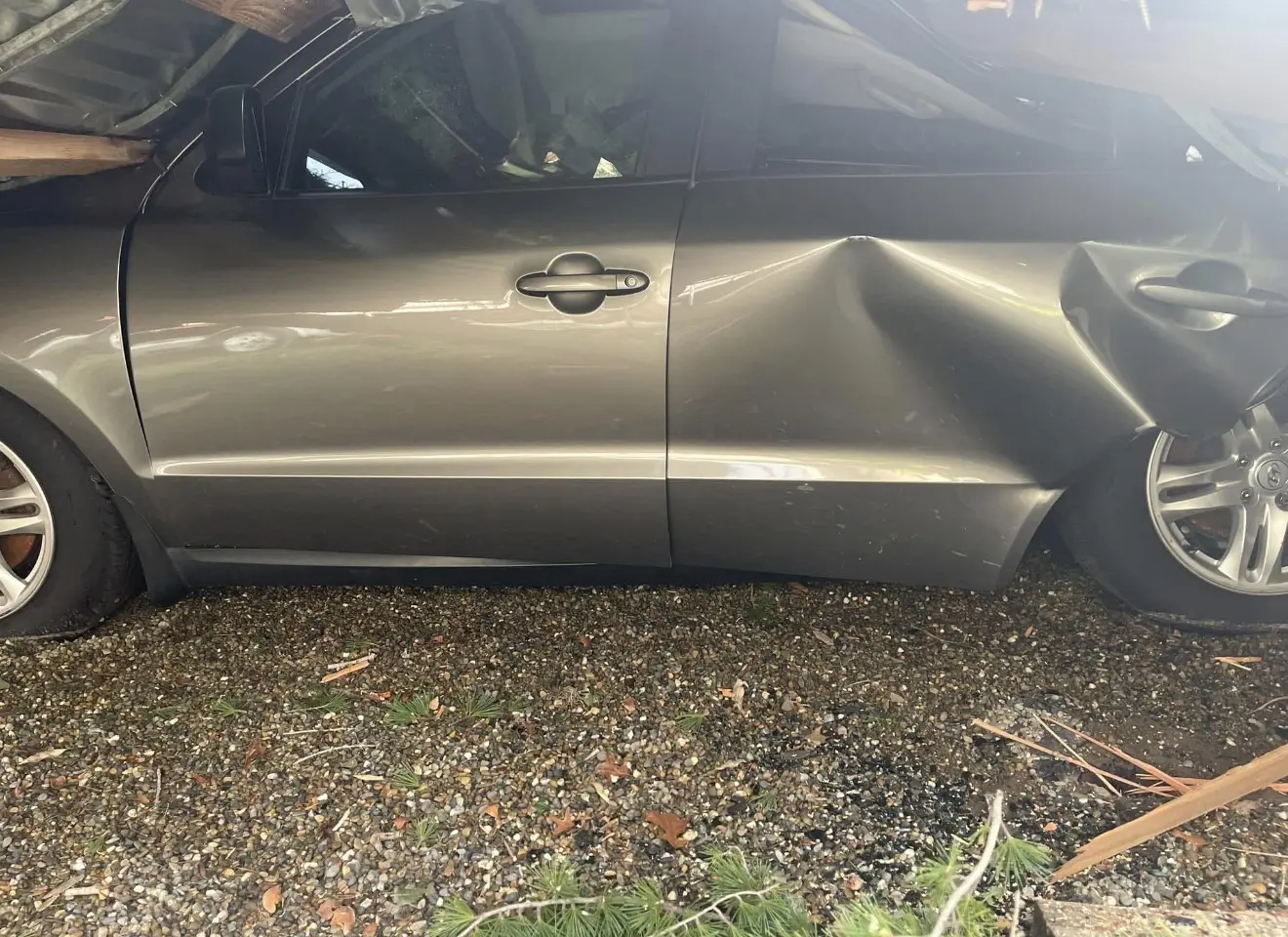 Close view of vehicle damage after a tree emergency