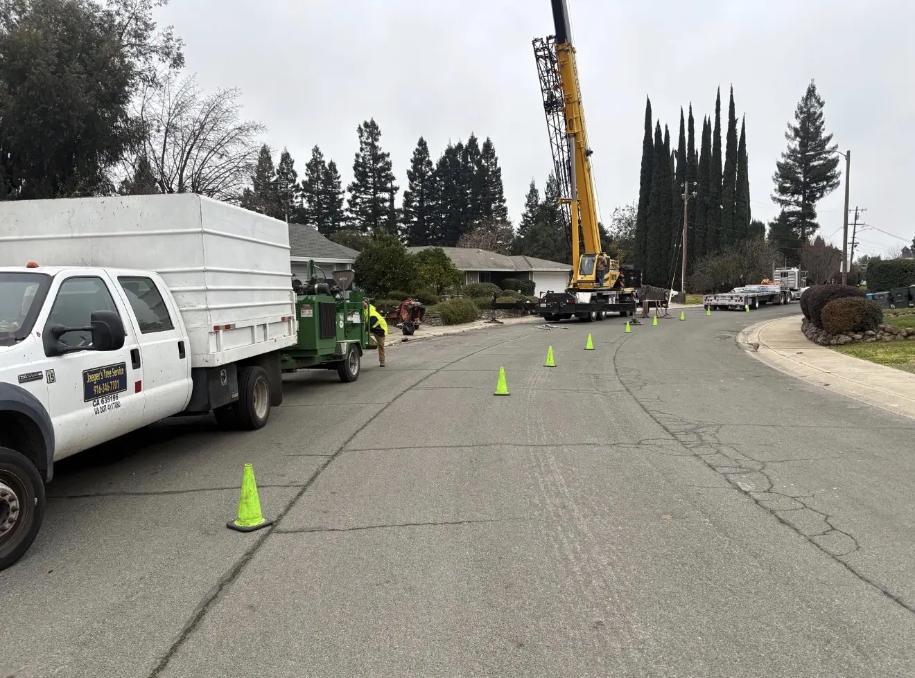 Jaeger's Tree Service trucks, chipper, crane and safety cones on a residential street