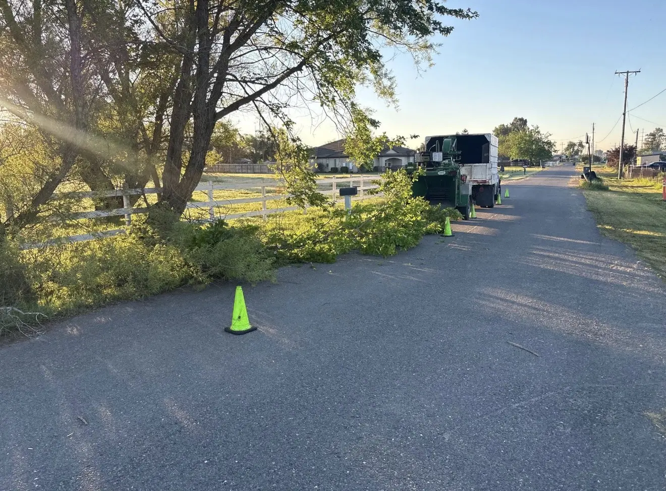 Tree-service equipment clearing vegetation beside a rural road